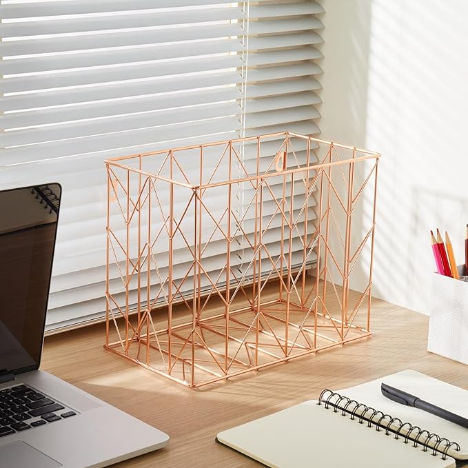 Beramon 1 Pack Rose Gold Hanging Folder Desk Organizer Decorative Organizer Metal Wire Baskets Suitable for Hanging file folder Design for Home Offices Supplies, 9.4 X 11.8 Inch