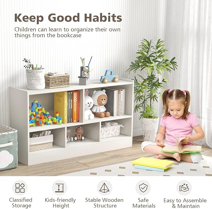 Toy Storage Organizer, 2-Tier Kids Bookshelf, 5 Cube Kids' Bookcases, Cabinets & Shelves, Wooden Toy Organizers, Small Book Shelf for Bedroom, Playroom, Classroom, Nursery (White)