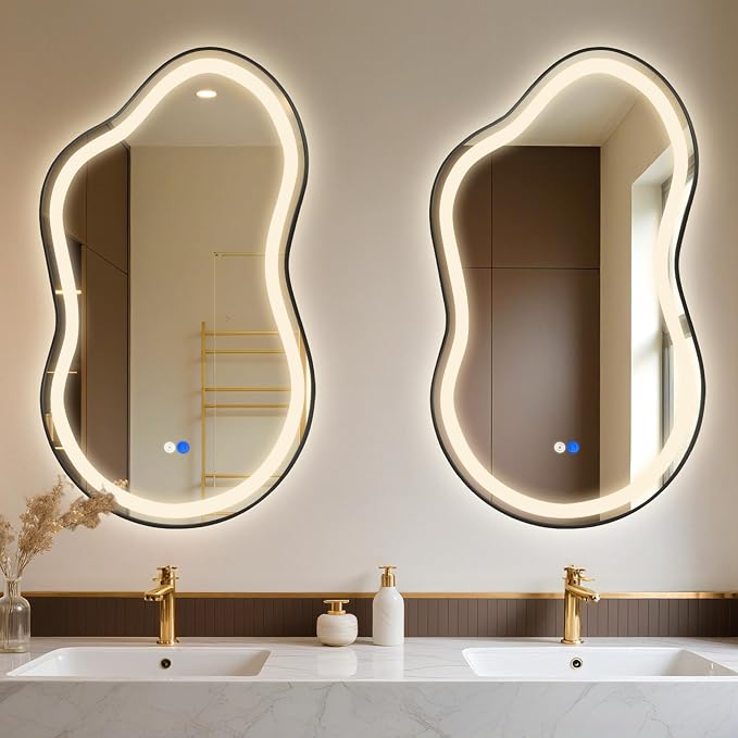 Irregular LED Bathroom Mirror with Lights, Cloud Smart Backlit Mirror, Dimmable Lighted Bathroom Mirror with Anti-Fog, Asymmetrical Vanity Mirror Hangable 2 Ways (Black, 20" x 36", 1 Pack)