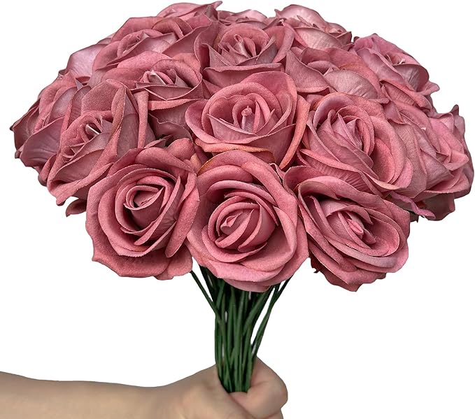 FagusHome 30 Pcs Silk Rose Artificial Flowers Roses Bulk Bouquet Fake Flowers Rose Heads with Stems for Home Wedding Decor (Dark Pink)