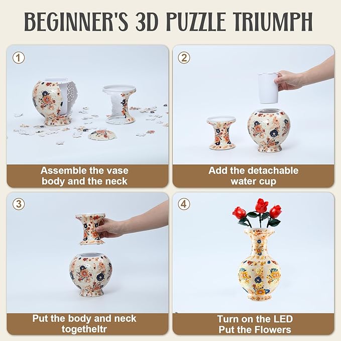 3D Puzzle Vase for Adults, 200 Curved Pieces DIY LED Vase, Unique Craft Kit for Home Decoration, Creative Hobby Gift for Women, Ideal Housewarming & Birthday Gifts (Vintage Floral Cream)