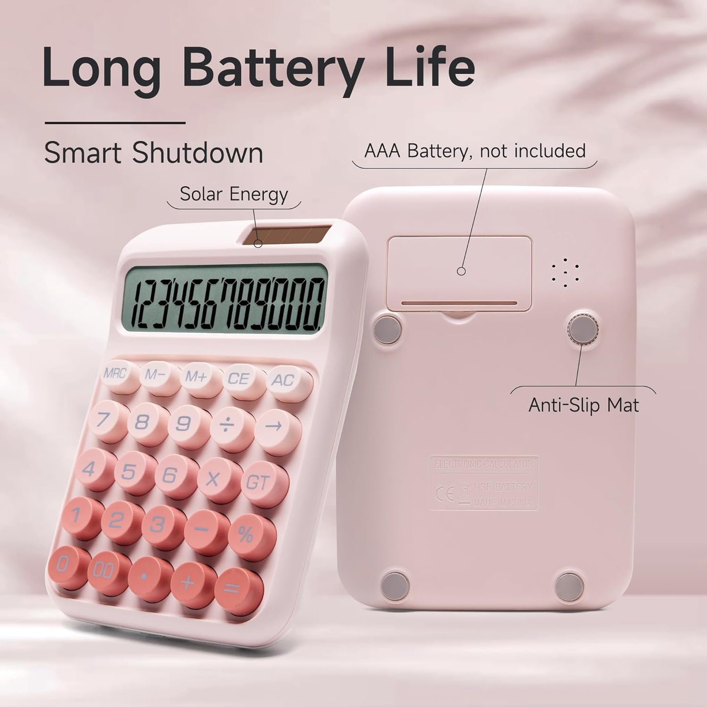 Skiennix Desk Calculator - 12 Digits, Large LCD Display, Solar & Battery Power | Ombre Pink