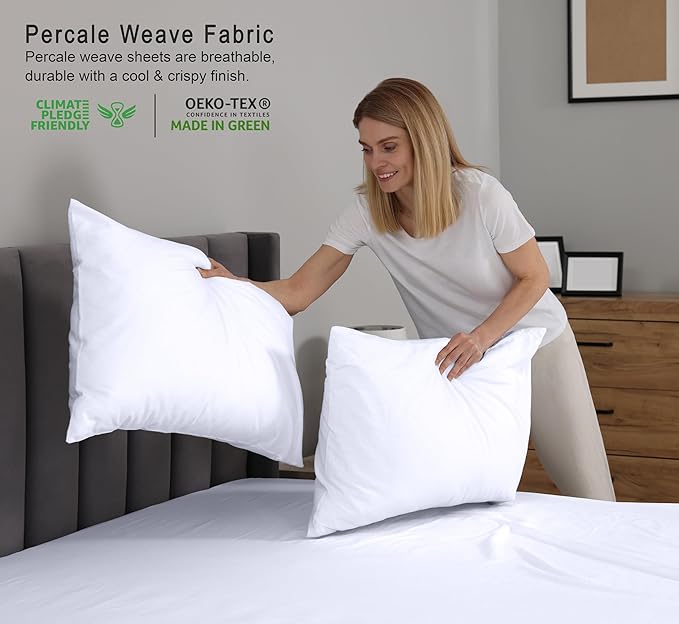 RUVANTI 100% Cotton Sheets Queen Size Set, 4 Pieces, Soft & Breathable Percale Weave Bedding, Deep Pocket 16", Hotel Standard, Crisp Cool Feeling, Durable, Perfect Dyed Bed Sheet, Bright White