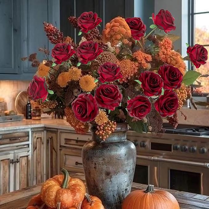 50pcs Artificial Roses Flowers in Bulk,Realistic Silk Fake Rose with Long Stem for Wedding Centerpieces Bouquet Party Floral Arrangement Home Decoration (Burgundy)