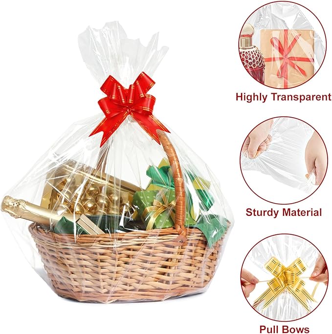 Ohuimrt 50Pcs Cellophane Bags 3 Sizes Cellophane Wrap for Gift Baskets 24x30 16x24 12x18 Large Clear Plastic Packaging Bags with 50 Pull Bows for Christmas Gift Wrapping