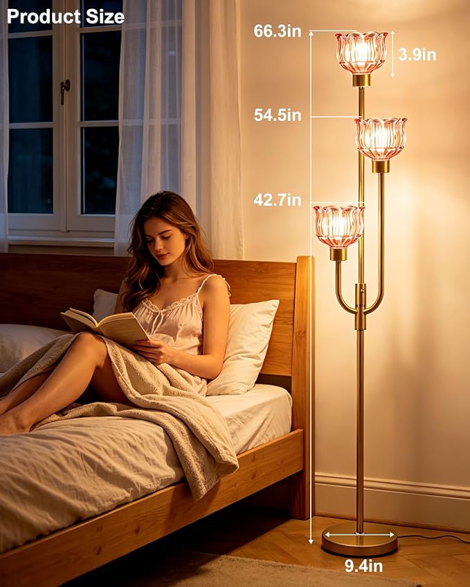Lightdot 3-Lights Modern Glass Floor Lamp 66IN Gold Dimmable Floor Lamps with 3000K Warm White Bulbs for Wedding Party Tall Standing Lamp with Deep Red Glass Shade for Living Room/Bedroom/Home Decor