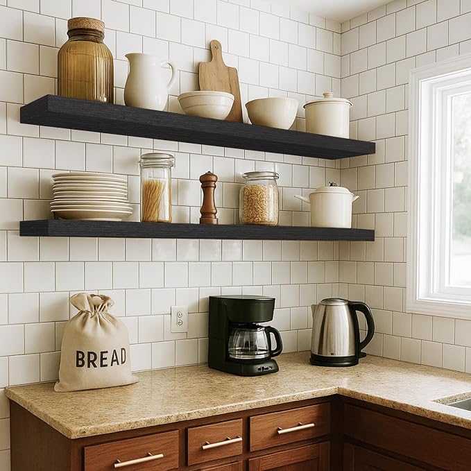 Floating Shelves for Wall, Bathroom Shelves Over Toilet, Wall Shelves & Book Shelf for Room, Hanging Shelf, Modern Wooden Mounted Floating Shelves, 36x7x1.5 in (Black, Set of 2)