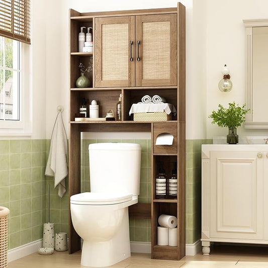 RUSTOWN Rattan Over The Toilet Storage Cabinet,Boho Over Toilet Bathroom Organizer with 2 Doors & Adjustable Shelves,Modern Above Toilet Rack with Toilet Paper Holder for Bathroom (Rustic Oak)