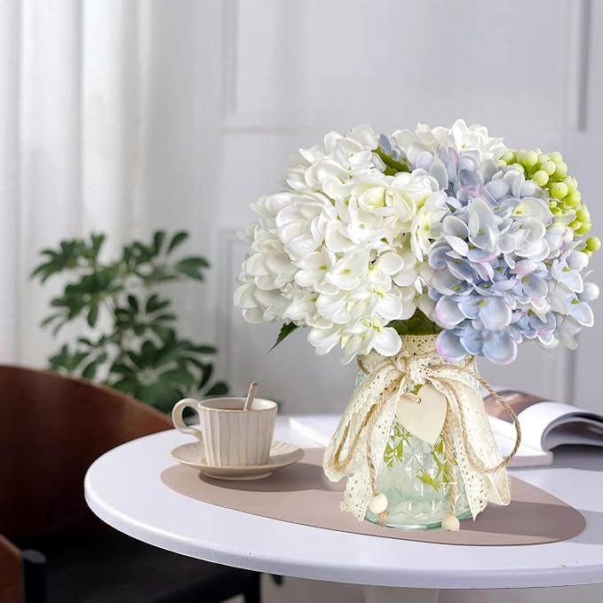 Faux Hydrangeas in Glass Vase, Artificial Fake Flower Silk Hydrangea Bouquet with Vase, Table Centerpiece Decorations Wedding Bouquets for Party Office Farmhouse Kitchen Home Decor
