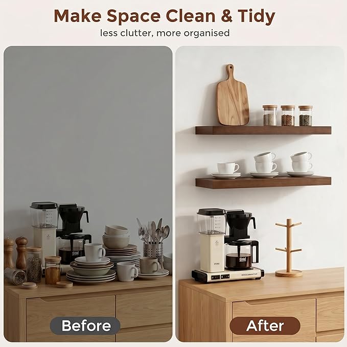 fuqing 20 Inch Floating Shelves | 6.7 Inch Deep Dark Wood Floating Shelves for Wall Set of 2 | 20''W x 6.7''D x 1.4''H Dark Wood Shelves for Living Room Bathroom Bedroom Kitchen Home Office