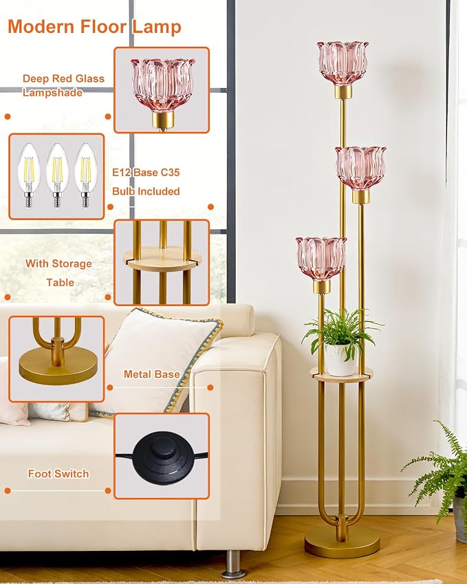 Lightdot Glass Floor Lamp for Living Room 3-Lights Modern Gold Floor Lamp with Rose Red Glass Shade 3000K Bulbs Included Unique Standing Lamp with 5Lbs Heavy Base for Bedroom/Sofa Beside/Corner Decor