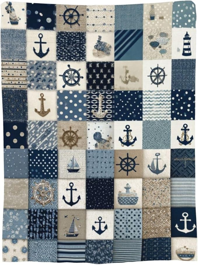 Nautical Blanket Ocean Sea Throw Blanket Sailboat Anchor Soft Cozy Fleece Fuzzy Stuffed Plush Flannel Gifts for Girls Women Boys Kids Adults 50"X60"