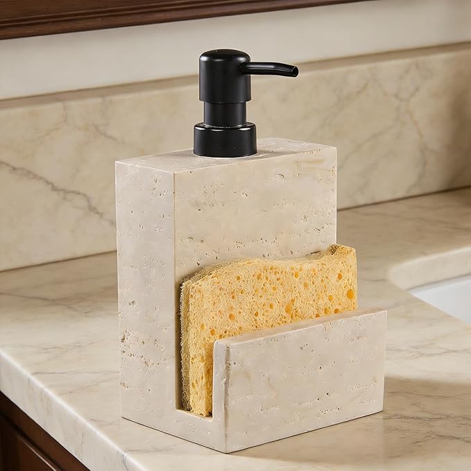 Beige Travertine Soap Dispenser with Sponge Holder – Marble Look Hand & Dish Resin Soap Pump Bottle for Kitchen & Bathroom, 2-in-1 Countertop Organizer, with 2 Natural Sponges (Luxury Home Decor)