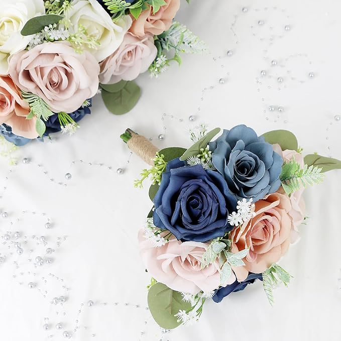 Set of 4 Bridesmaid Bouquets for Wedding - 7 Inch Artificial Flowers Bouquets for Ceremony Anniversary Centerpieces Decorations - Navy & Dusty
