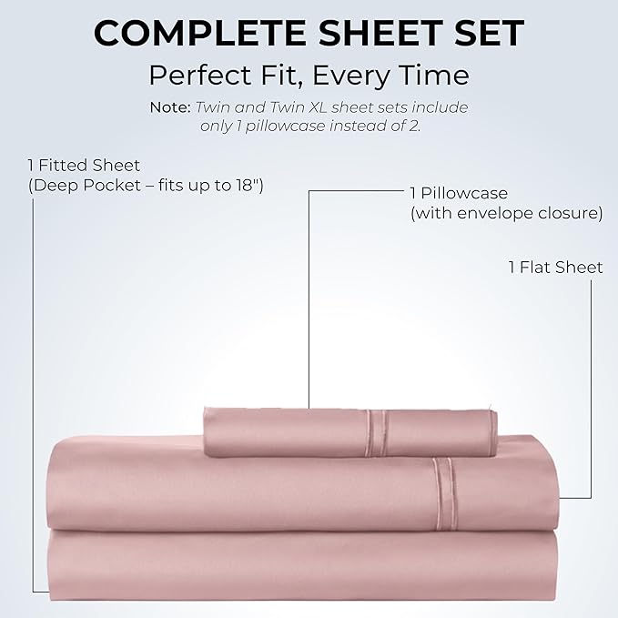 100% Natural Cotton Bed Sheets | 500 TC Single-Ply Sateen Weave Twin XL Sheets | Soft, Breathable, Hypoallergenic Solid 3-Piece Bedding with Deep Pocket Fitted, Flat, Pillowcase | Blush