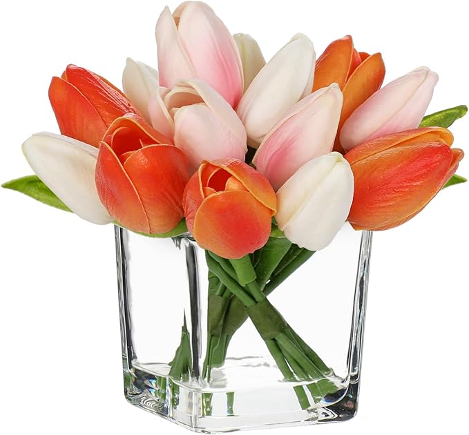 DILATATA Artificial Tulips in Vase with Faux Water 5.5" Real Touch Mixcolor Flowers Fake Tulips Small Flowers Arrangement in Cube Glass Vase for Mother's Day Table Centerpiece Wedding Home Decor