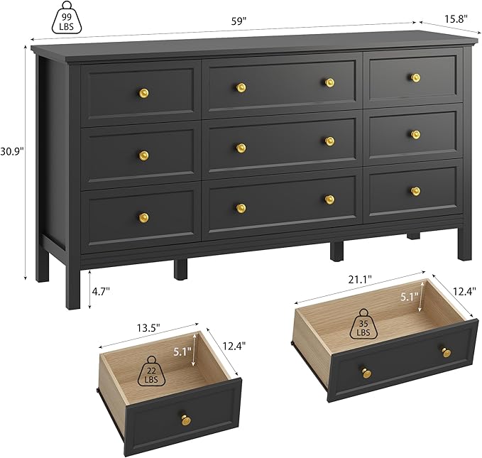 Black 9 Drawers Dresser for Bedroom, 59'' Large Wood Dresser with Gold Handles, Modern Wide Chest of Storage Drawers for Hallway, Living Room