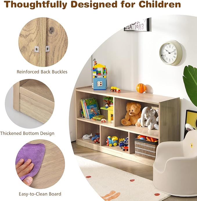 Costzon 2-Shelf Bookcase for Kids, Wooden Toy Storage Organizer for Books Toys, 5-Section Freestanding Classroom Daycare Montessori Bookshelf for Preschool, Home Playroom & Kindergarten