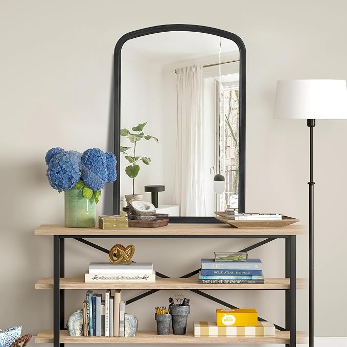 WallBeyond Arched Wall Mirror Wood Framed, 24" x 36" Rustic Farmhouse Wood Arched Mirror for Bathroom Wall Decor Entryway Living Room (Black)