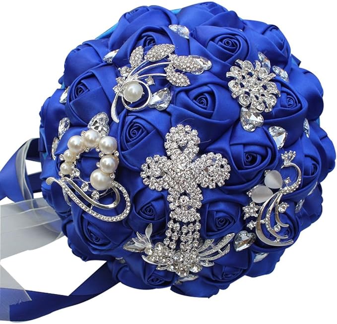 S_SSOY Customizable Romantic Wedding Bouquets Silk Flowers Bridal Holding Roses Bride Bridesmaid Brooch Bouquet with Pearl Diamond Crystal Ribbon Valentine's Day with Free Corsage (Blue)