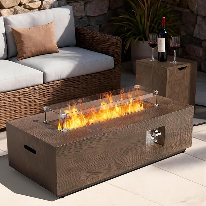 2-Piece 42" Rectangular Propane Fire Pit for Outside Patio with Hidden Tank Table, 50,000 BTU Fireplaces with Glass Wind Guard, Lid, Glass Rocks, Cover(Walnut Wood Grain)