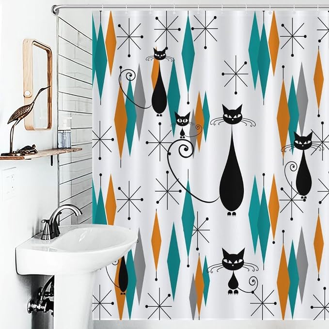 Mid Century Modern Cat Shower Curtain,Abstract Atomic Starburst Geometric Diamond Pattern Shower Curtains Set for Bathroom Fabric Decorative Bath Curtain Washable Curtain Hooks, 72x72”