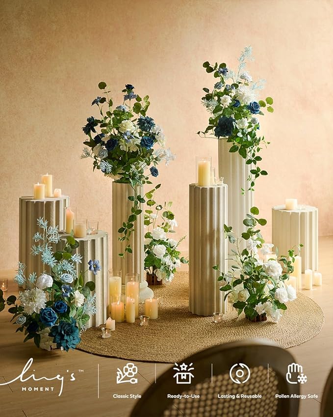 Ling's moment 41" Tall Free Standing Artificial Flowers Arrangements 2 pcs Wedding Arch Altar Stage Decorations Dusty Blue Navy for Ceremony Reception Silk Rose Fake Floral Party Outdoor Beach Decor