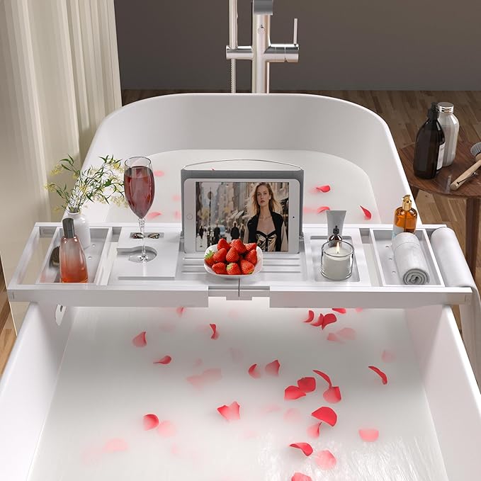 Bathtub Caddy Tray for Tub,Foldable Bath Table Trays,Bamboo Shelf with Book and Wine Glass Holder,Bathroom Accessories Suitable for Luxury Spa or Reading,White