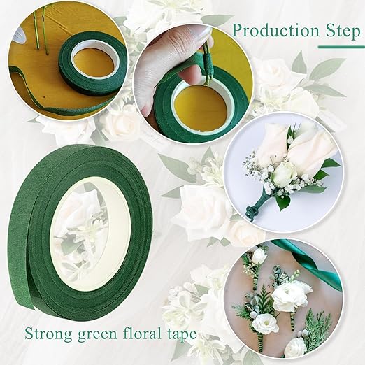 Floral Tape and Boutonniere Kit with Green Floral Tape, Floral Wire, Boutonniere Flower pin, Wire Cutter and Elastic Pearl Wrist Corsage Bands for Bouquet Supplies