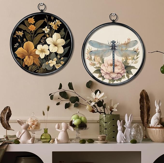 XIAOAIKA Round Vintage Wall Hanging Decor, Printed Textured Surface with Wood Back, Yellow Floral Design, Black Metal Frame, Ready to Hang for Living Room Bedroom, 10 Inch