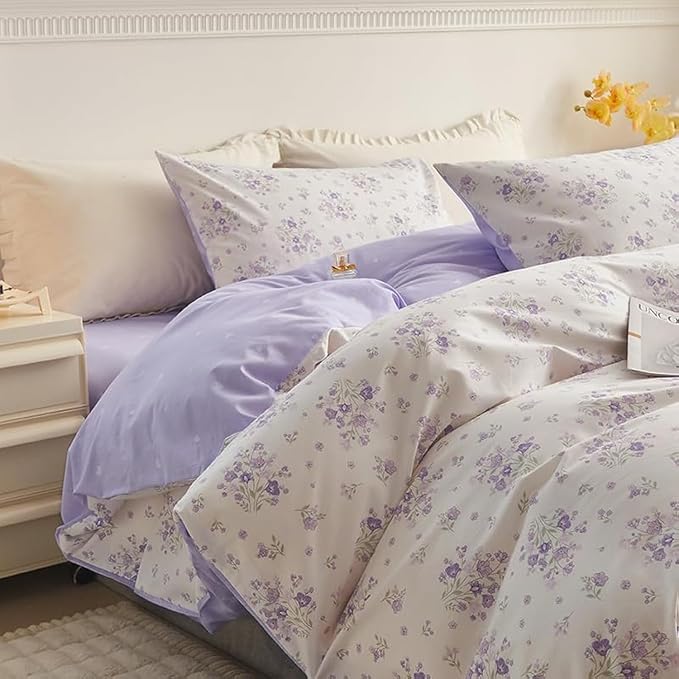 Purple Floral Comforter Set Full Size White Garden Style Floral Printed Bedding Comforter Vintage Flowers Botanical Comforter with 2 Pillowcases Cottagecore Full Bed Comforter Set for All Season