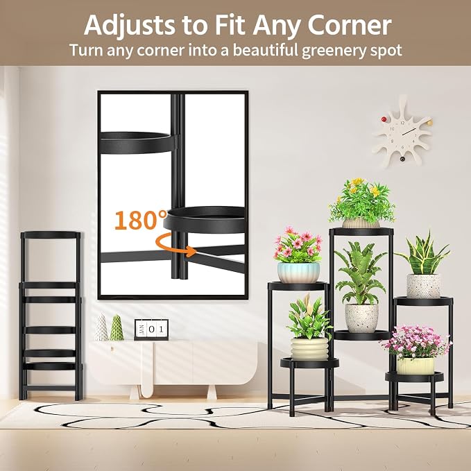 LASZOLA 6 Tiered Plant Stand Indoor Outdoor with Plastic Tray, Corner Folding Tall Flower Display Rack, Modern Plant Holder Shelf for Outdoor Patio Porch Garden Office Living Room, Black