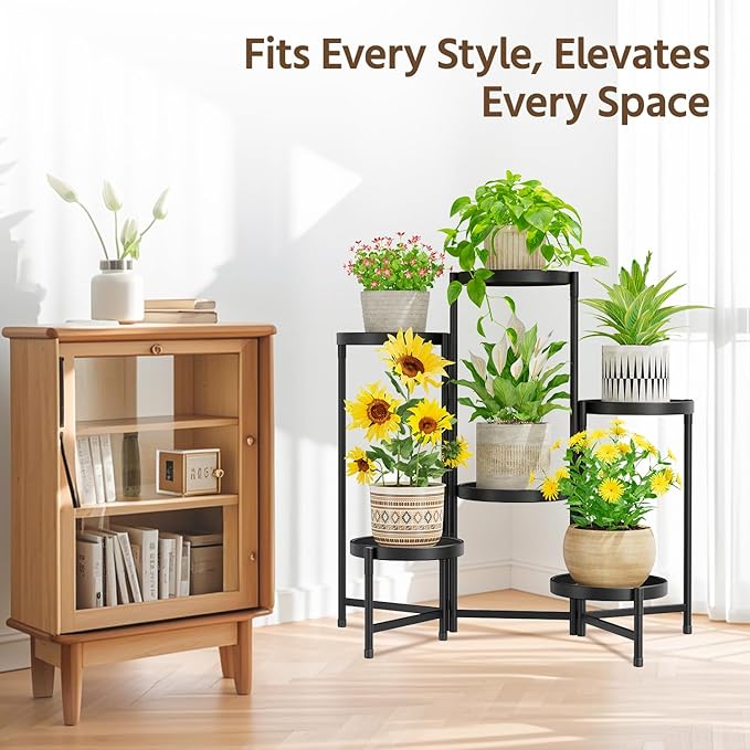 LASZOLA 6 Tier Large Plant Stand Indoor Tall with 10 Inch Metal Tray, Corner Folding Flower Display Rack, Modern Plant Holder Shelf for Outdoor Patio Porch Garden Office Living Room, Black