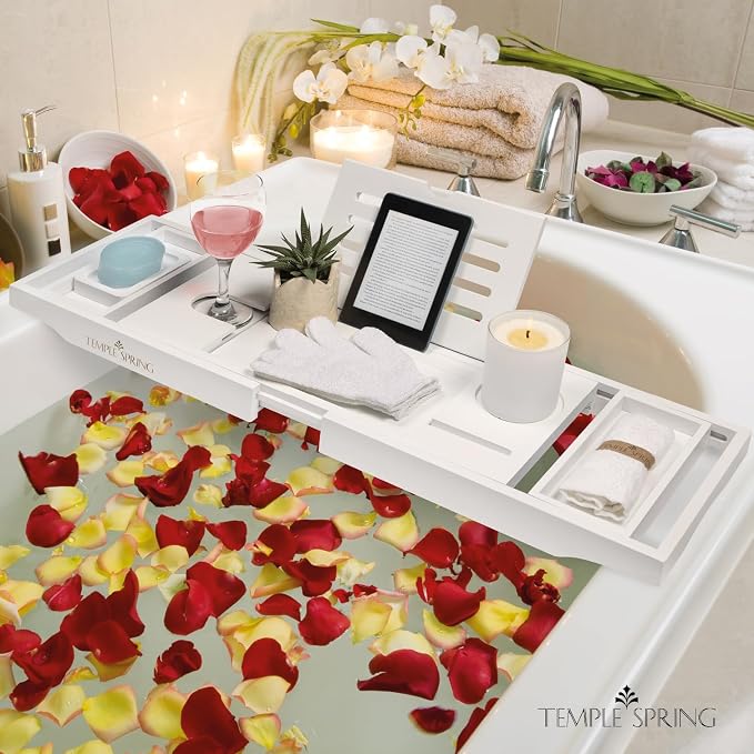 Temple Spring Bamboo Bathtub Tray Caddy for Tub — Expandable Wood Bath Tray with Solid Book Stand Wine Holder and Non-Slip Pads — Includes Bamboo Soap Dish and Spa Accessories — Luxury Bath Gift Set