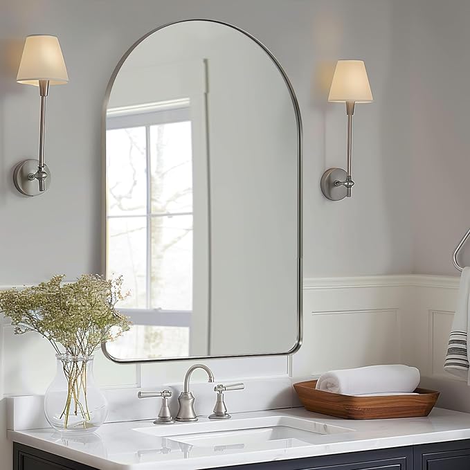 ANDY STAR Arched Wall Mirror, 24 x 38 Inch Brushed Nickle Bathroom Mirror in Stainless Steel Metal Frame, Arch Top Rounded Corner 1 Inch Deep Set Design Wall Mount Hangs Vertical
