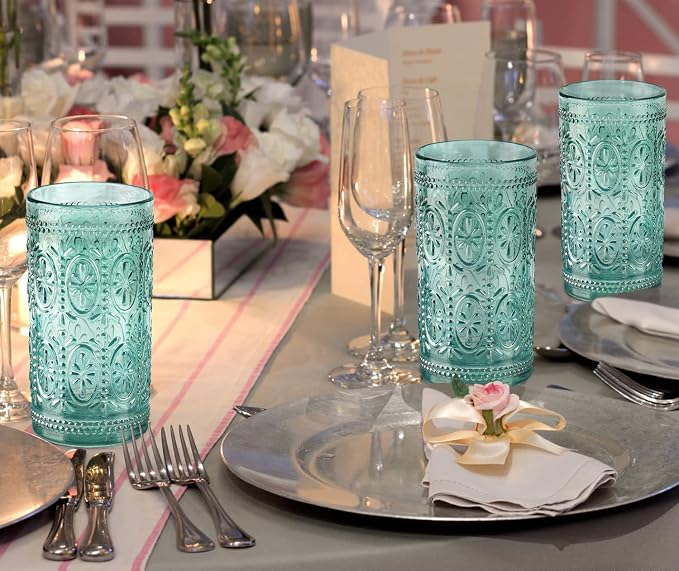 Darlion 6 Pack Highball Embossed Beverage Glass Cup, 12oz Green Glassware Drinking, Vintage Drinking Glasses, Colored Water Glasses for Party Wedding Home Office and Gift