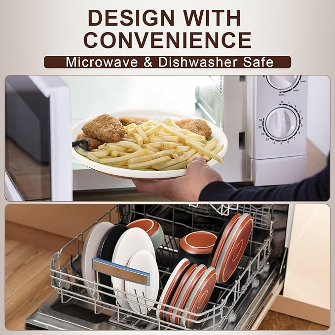 E-far 6-Piece Stoneware Dinnerware Sets, Plates and Bowls Sets for 2, Ceramic Dishware Dishes Set with Terracotta Base, Chip & Scratch Resistant, Microwave & Dishwasher Safe, Speckled White