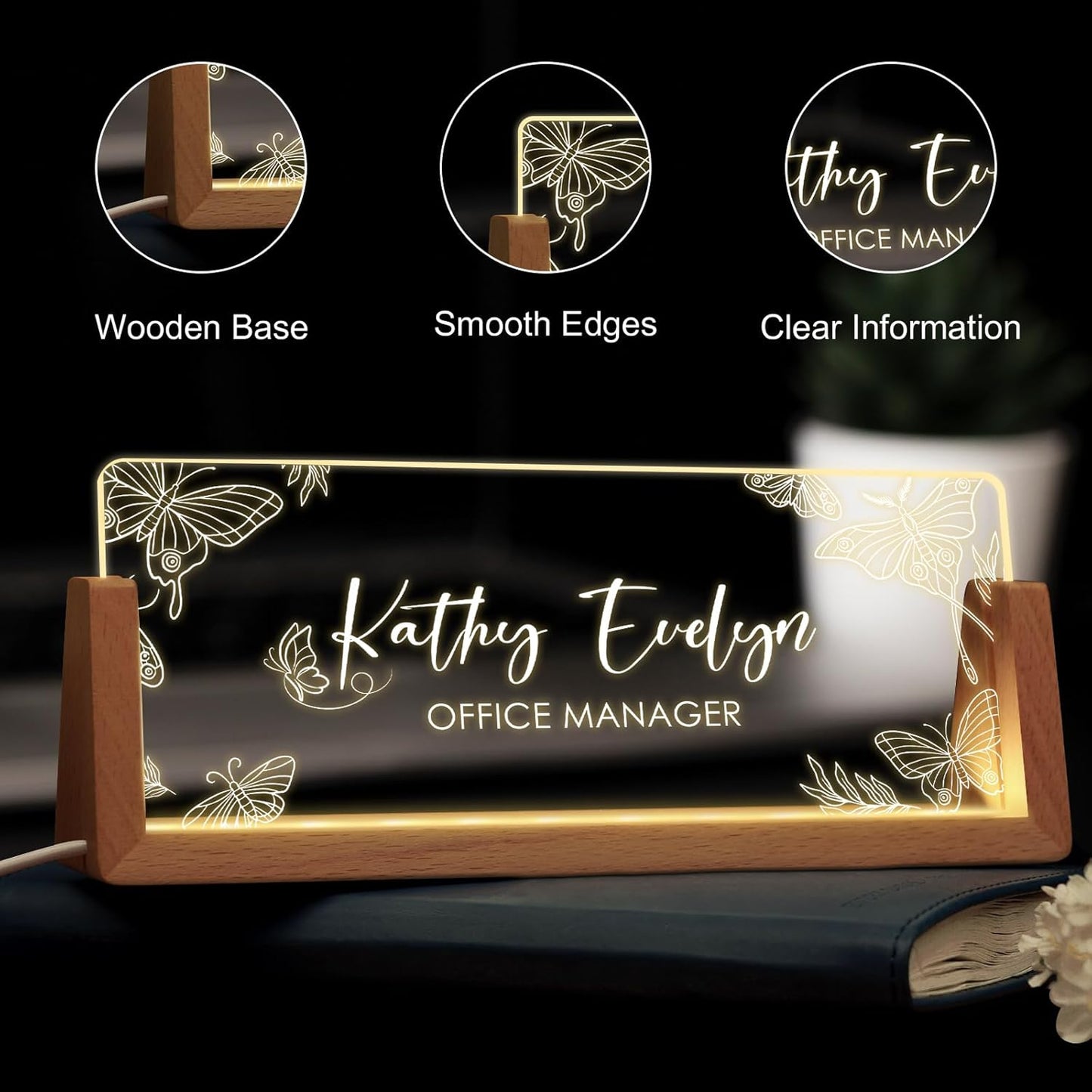 Skiennix Personalized Light-Up Acrylic Desk Name Plate - Custom Office Gift for Boss, Coworkers & Teachers