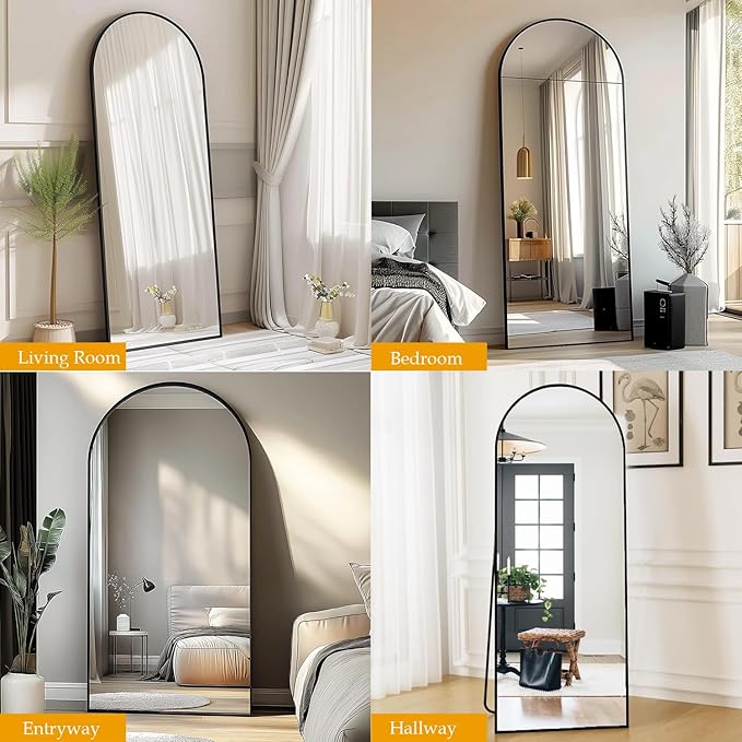 Dewfig Arched Full Length Mirror, 64"x21" Large Floor Mirrors with Stand, Full Body Mirror for Leaning Hanging, Standing Mirrors for Bedroom, Living Room,Dressing Room, Aluminum Alloy Frame, Black