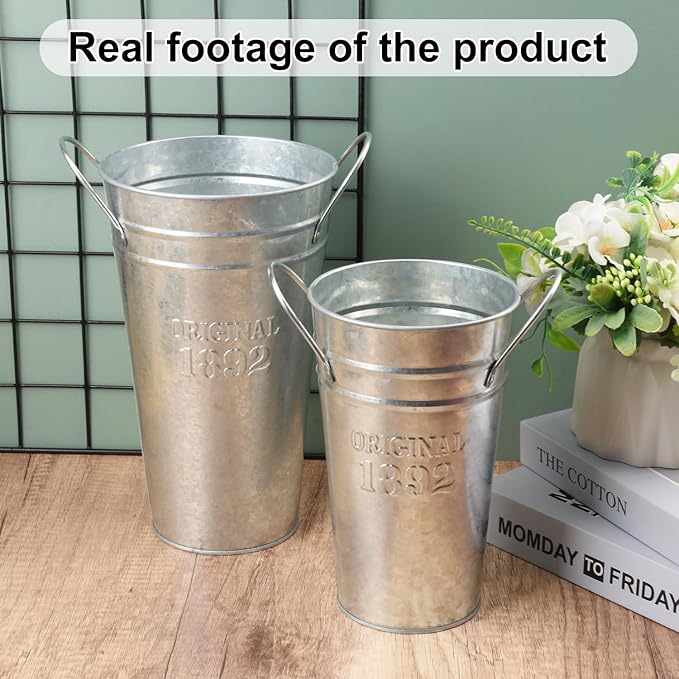 6 Packs 8 & 10 Inch Tall Galvanized Metal Flower Vases with Handles, Metal Flower Buckets for Cut Flowers, Country Wedding, Table Centerpiece Decorations(Sliver)
