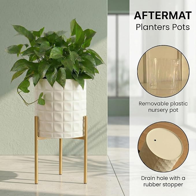 Modern Planter Pots, Set of 2 White Planters with Stand, Decorative Planters, Metal Pots with Drainage Holes for Living Room, Office, Garden