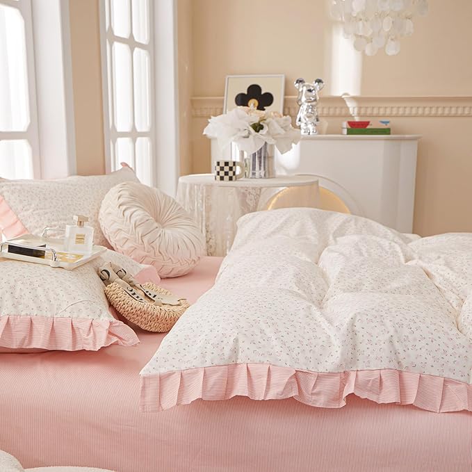 EAVD Pink Floral Duvet Cover Queen Soft 100% Cotton Chic Romantic Ruffled Floral Bedding Set with 2 Pillowcases Vintage Style Botanical Floral Comforter Cover with Zipper Closure