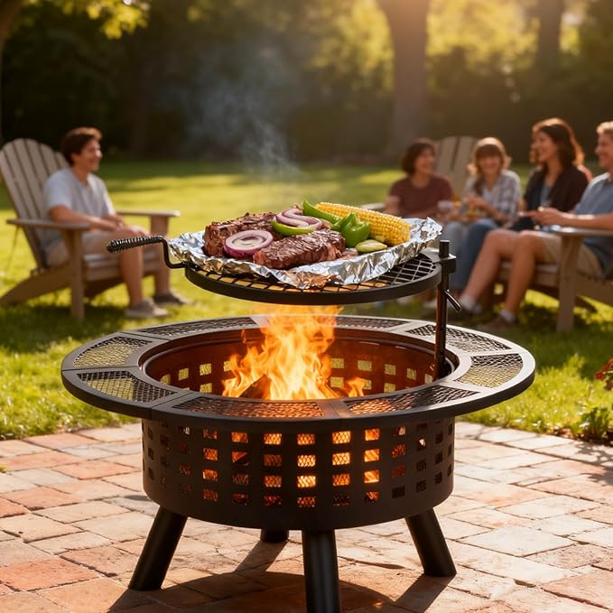 Verdeluxe 36 inch Outdoor Fire Pit with Grill,Wood Burning Fire Pits for Outside with Lid & Fire Poker,Metal 3-in-1 Firepit Table with Cooking Grate,Outdoor Firepit for Yard,Bonfire,Patio(Charcoal)