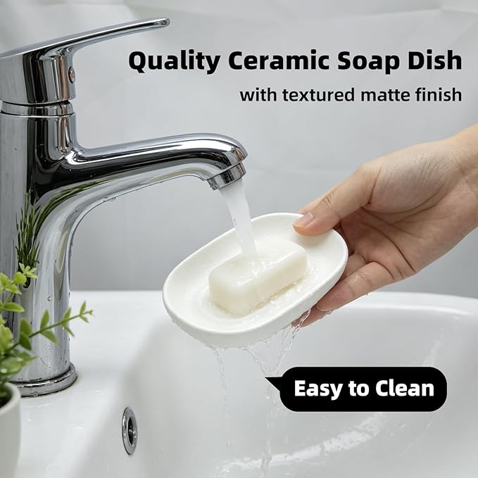 Ceramic Soap Dishes for Bar Soap- Matte White Textured Finish Bar Soap Holder for Bathroom Kitchen Sink & Shower - Easy to Clean Simple Oval Soap Dish Soap Tray for Soap Bars, Sponges, Jewelry