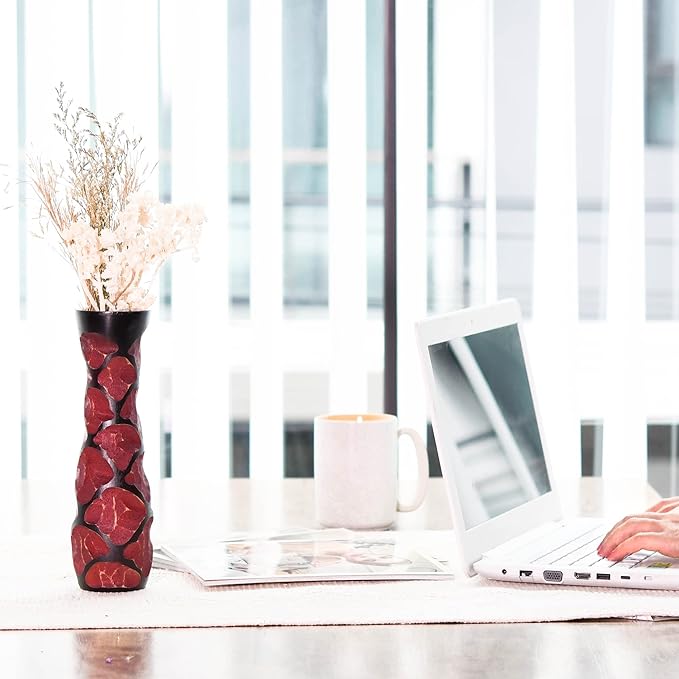Beautifully Carved 10-Inch Red & Black Mango Tree Wood Vase | Handcrafted Decorative Wooden Flower Vase | Elegant Home Decor Accent