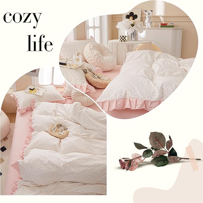 VM VOUGEMARKET Flower Comforter Set Full 3 Pcs Vintage Pink Floral Bedding Comforter with Elegant Ruffles All Season Soft & Lightweight Comforter Set for Girls Women 80"x90"