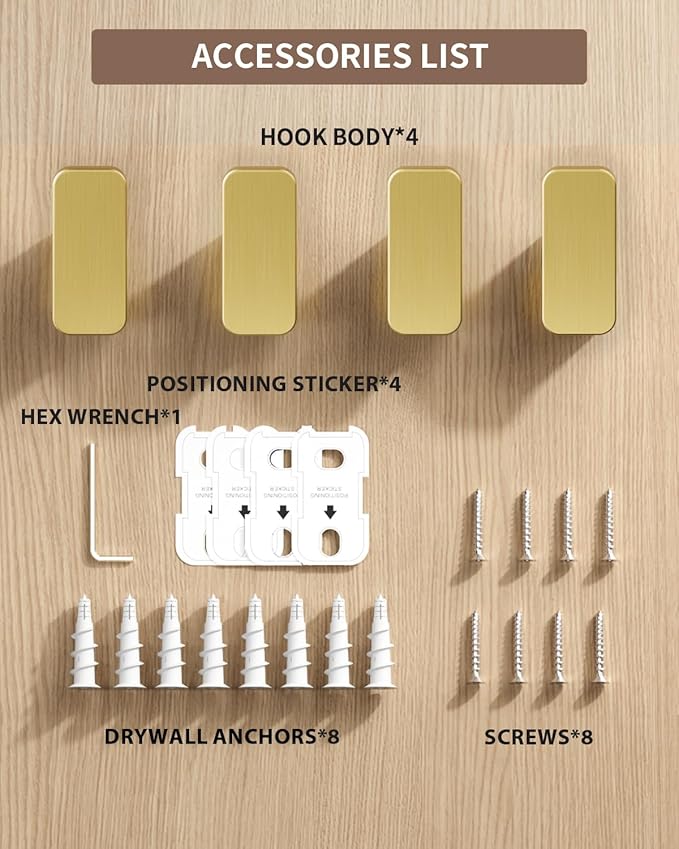 4-Pack Brushed Gold Towel Hook for Bathroom, Robe Coat Hook, Heavy Duty Wall Hooks for Hanging Bag Hat Mudroom Bedroom Shower Closet, Drill in Hanger Mount with Screw, Holder Back of Door Outdoor