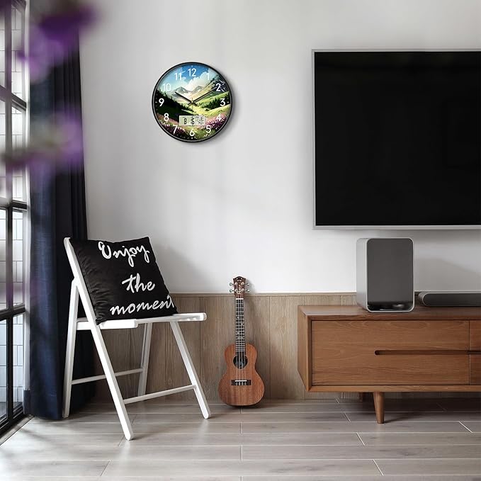 Mountain Wildflowers Wall Clock, 14 Inch Silent Non-Ticking Battery Operated Analog Clock with LCD Date Day Temp Display, Decorative for Living Room, Bedroom, Kitchen, Farmhouse, Cabin