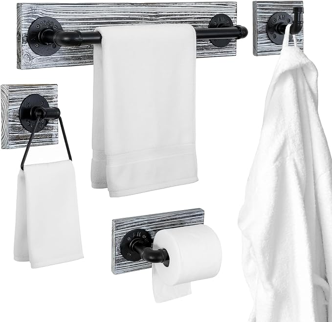 MyGift 4 Piece Wall Mounted Bathroom Hardware Set, Rustic Torched Wood and Industrial Matte Black Metal Pipe Towel Ring, Robe Hook, Toilet Paper Holder and Towel Bar