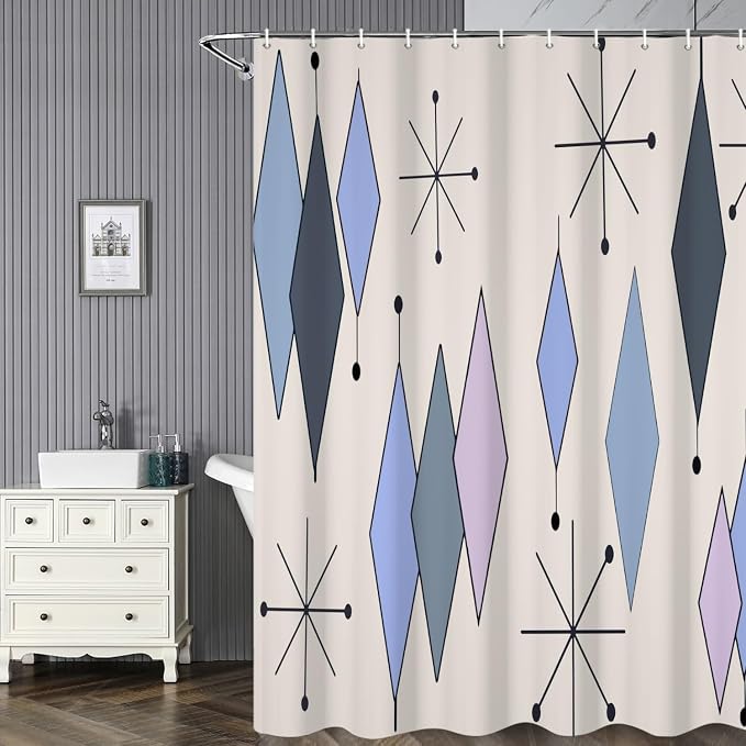 Mid Century Turquoise Shower Curtain Abstract Grey Blue Diamond Geometric Atomic Starburst Pattern Beige Backdrop for 1950s Retro Bathroom Decor Shower Curtain Set with 12 Hooks, 72x78 Inches